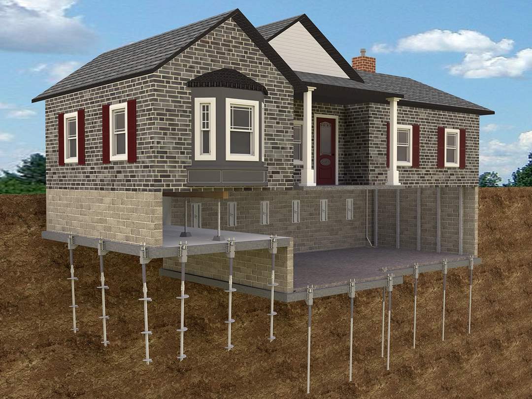3D illustration of a house with a brick exterior, elevated on steel piers, showcasing foundation support techniques underground